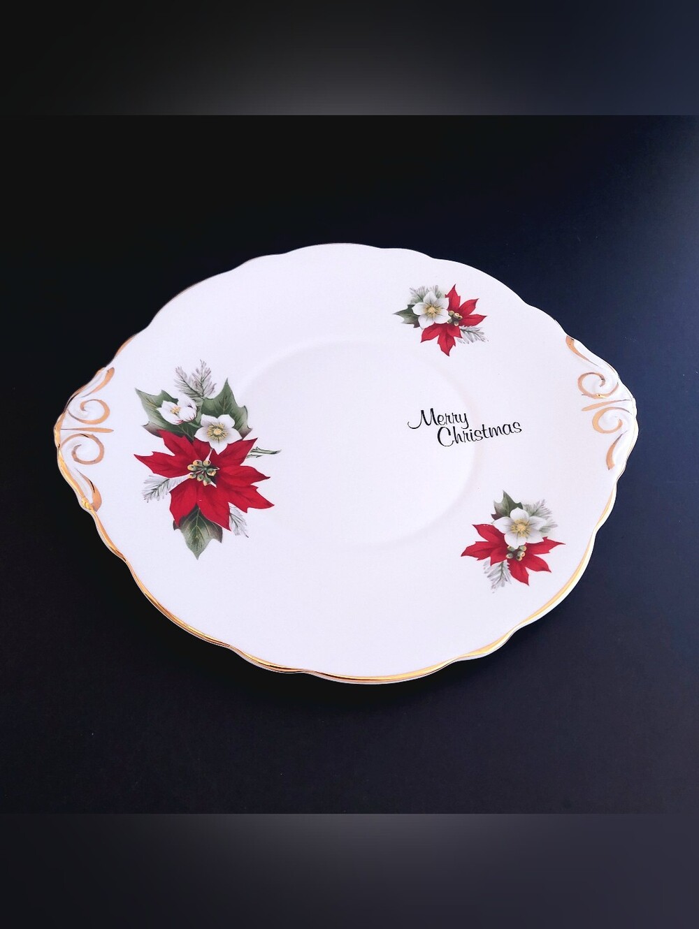 VTG Royal Stuart Christmas Poinsettia Handled Cake Plate Bone China Platter 1950